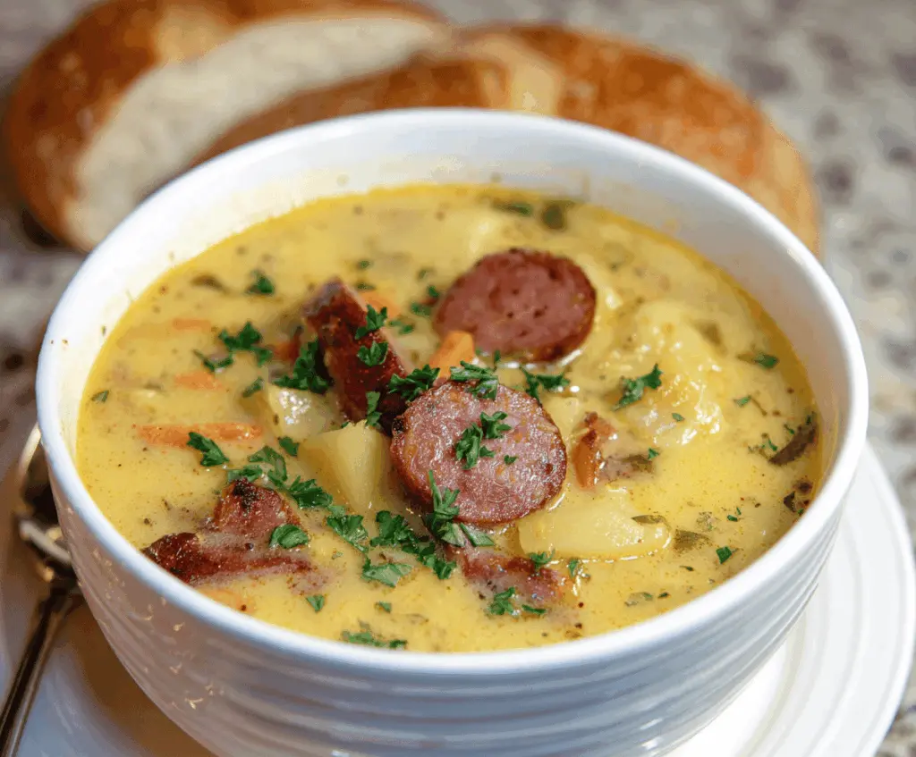 Creamy kielbasa potato soup in a bowl garnished with fresh herbs, featuring slices of kielbasa sausage, chunks of potatoes, and a sprig of parsley for a hearty, comforting meal.