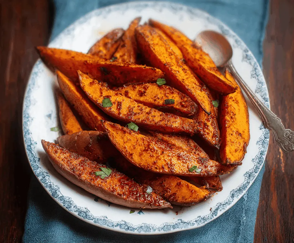 Maple Chili Sweet Potato Wedges served on a plate, showcasing crispy, golden-brown edges with a glossy maple chili glaze, perfect as a savory and sweet side dish.