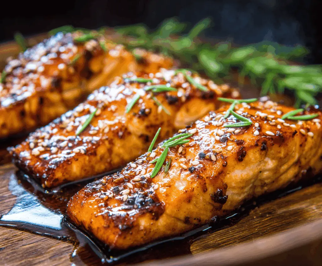 Delicious maple glazed salmon fillet garnished with fresh herbs on a white plate, showcasing a glossy caramelized glaze and flaky texture perfect for a flavorful seafood dinner.