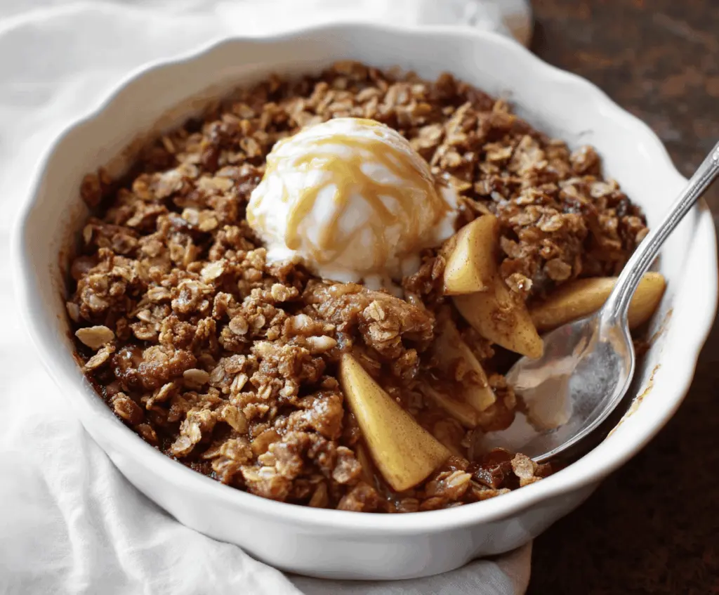 Delicious homemade Maple Walnut Apple Crisp topped with golden walnuts and drizzled with maple syrup, ready to serve