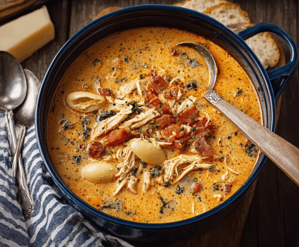 Creamy Marry Me Chicken Soup in a bowl with fresh herbs and cooked chicken, perfect for a comforting and romantic meal.