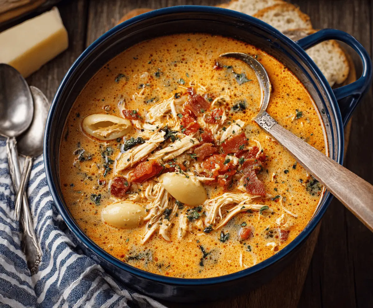 Creamy Marry Me Chicken Soup in a bowl with fresh herbs and cooked chicken, perfect for a comforting and romantic meal.