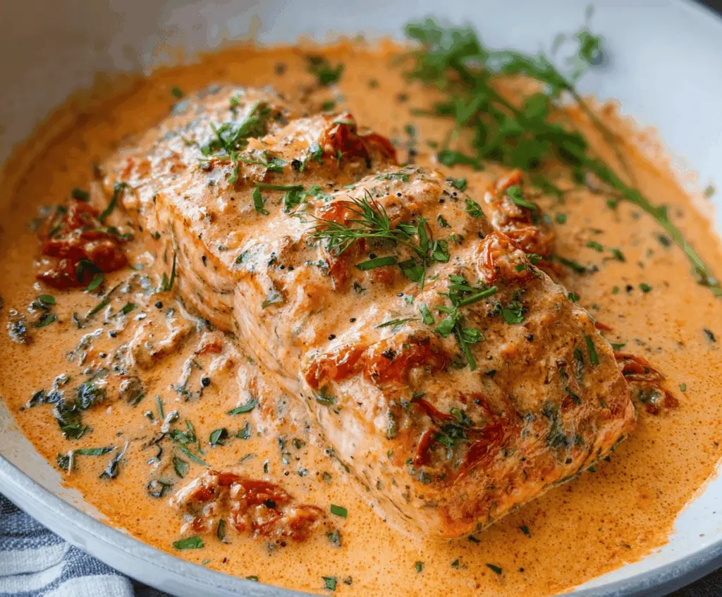 Delicious Marry Me Salmon topped with creamy tomato herb sauce on a plate, garnished with fresh herbs, perfect for a flavorful seafood dinner.