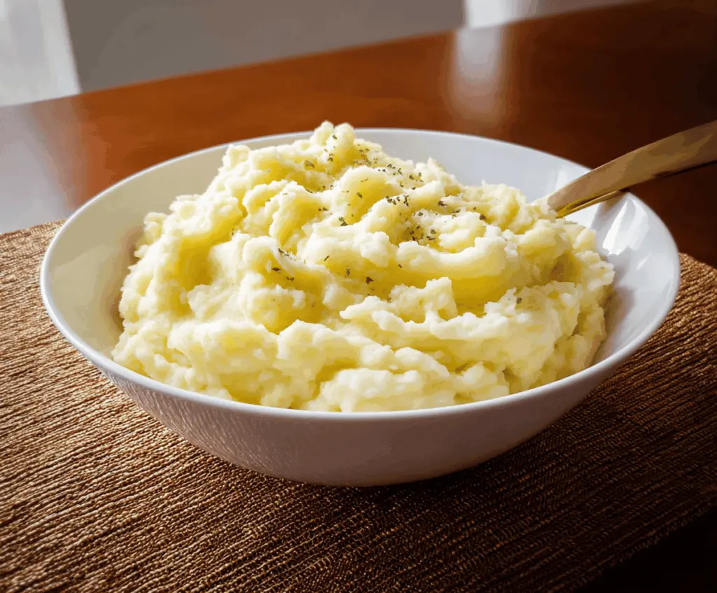 Creamy homemade mashed potatoes topped with a pat of butter and fresh herbs, served in a rustic bowl, perfect for a comforting meal.