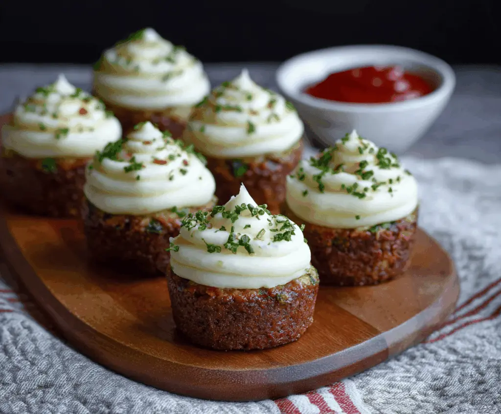 Delicious meatloaf cupcakes topped with creamy mashed potato frosting on a plate, perfect for a savory dinner or party presentation.