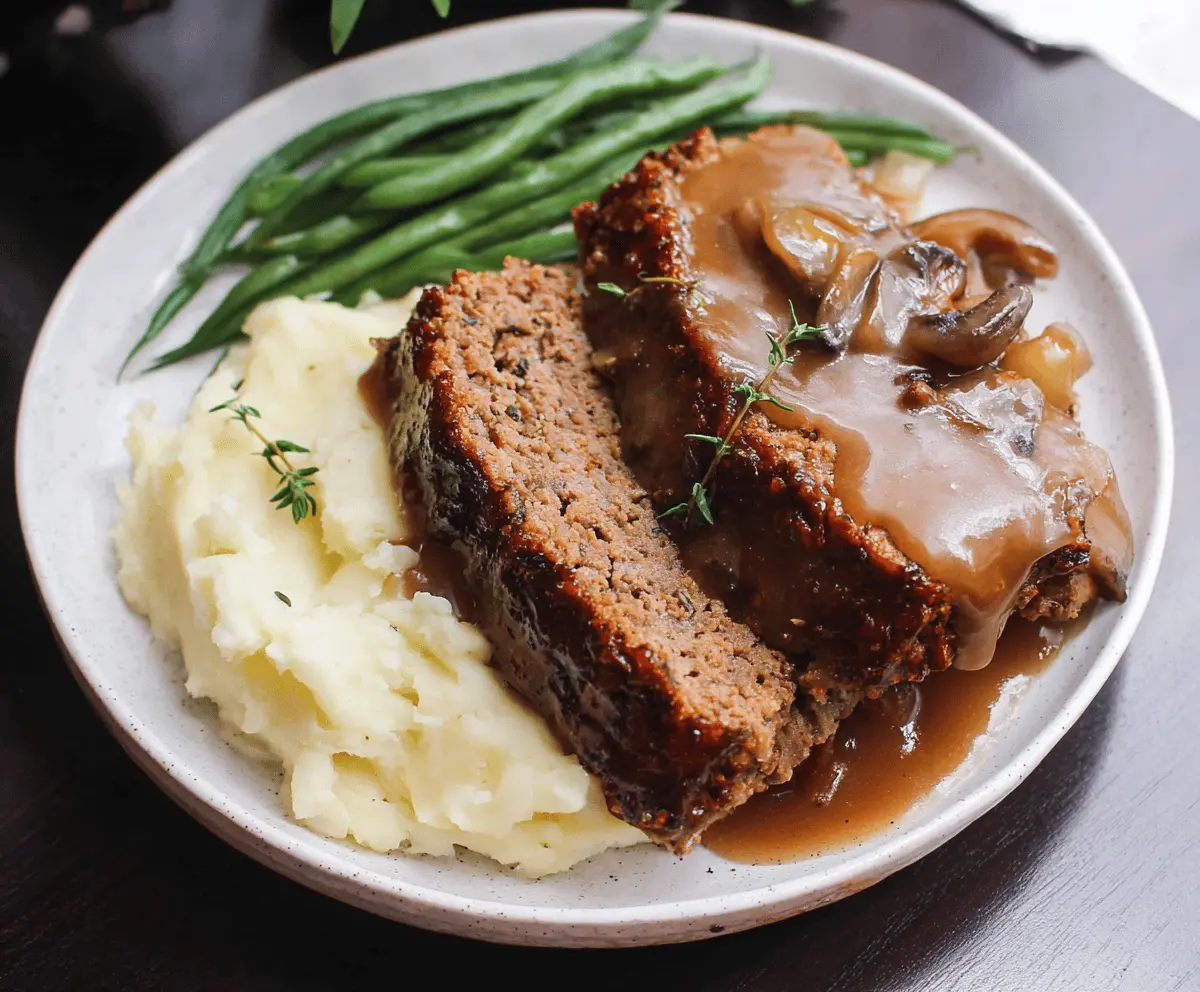 Delicious homemade meatloaf topped with rich brown gravy served on a plate with mashed potatoes and vegetables