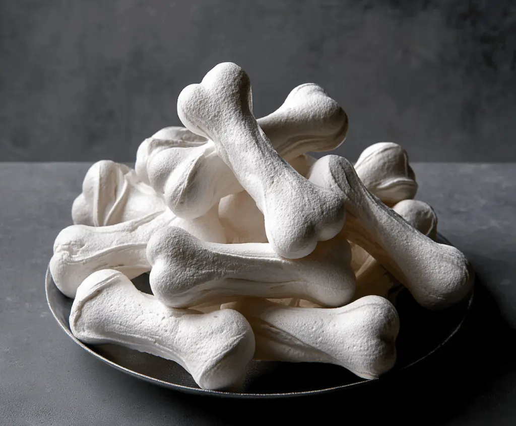 Delicious homemade meringue bone-shaped cookies with crispy golden edges, perfect for Halloween treats or themed desserts.