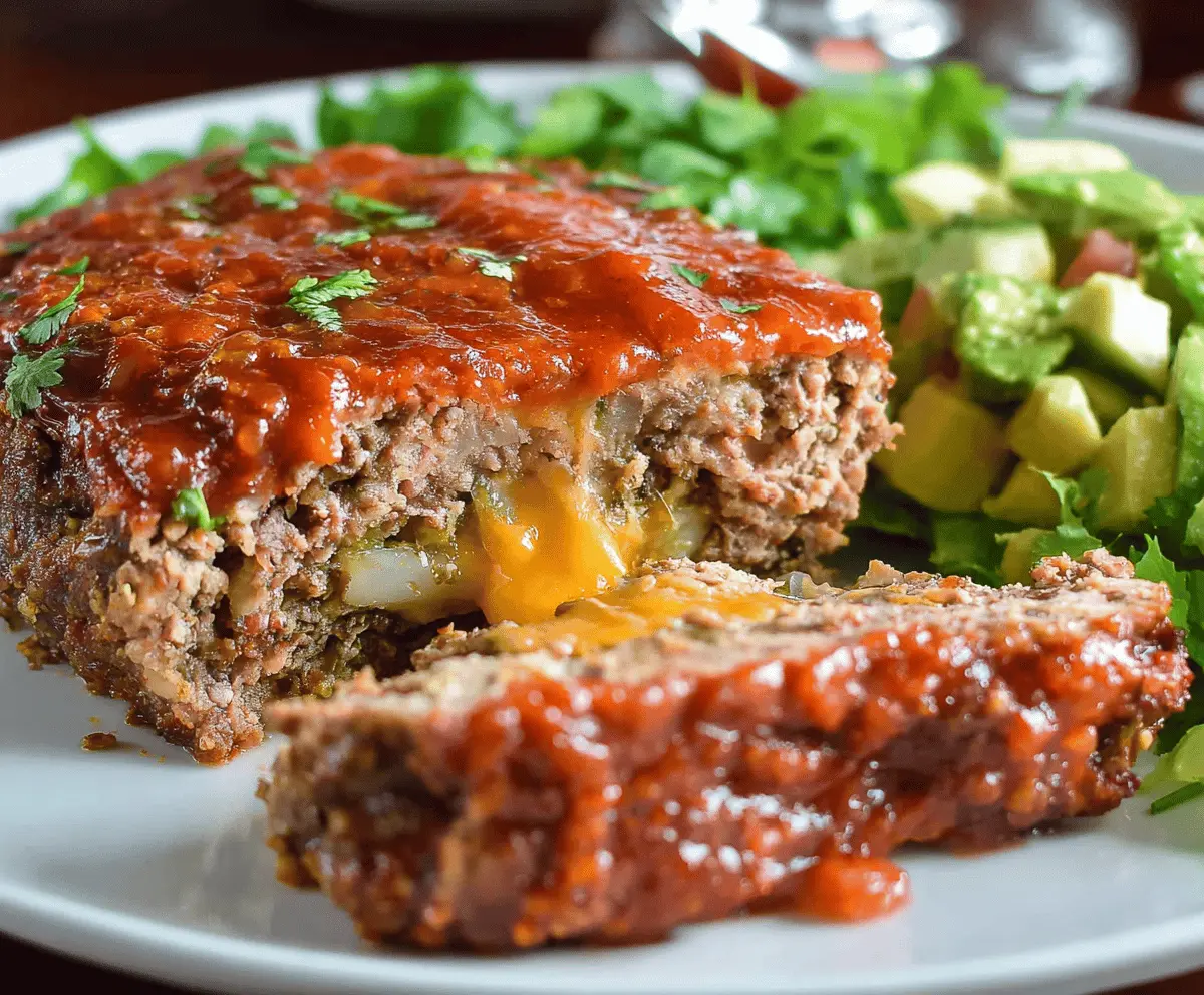 Delicious Mexican Meatloaf topped with melted cheese and fresh herbs on a rustic plate.