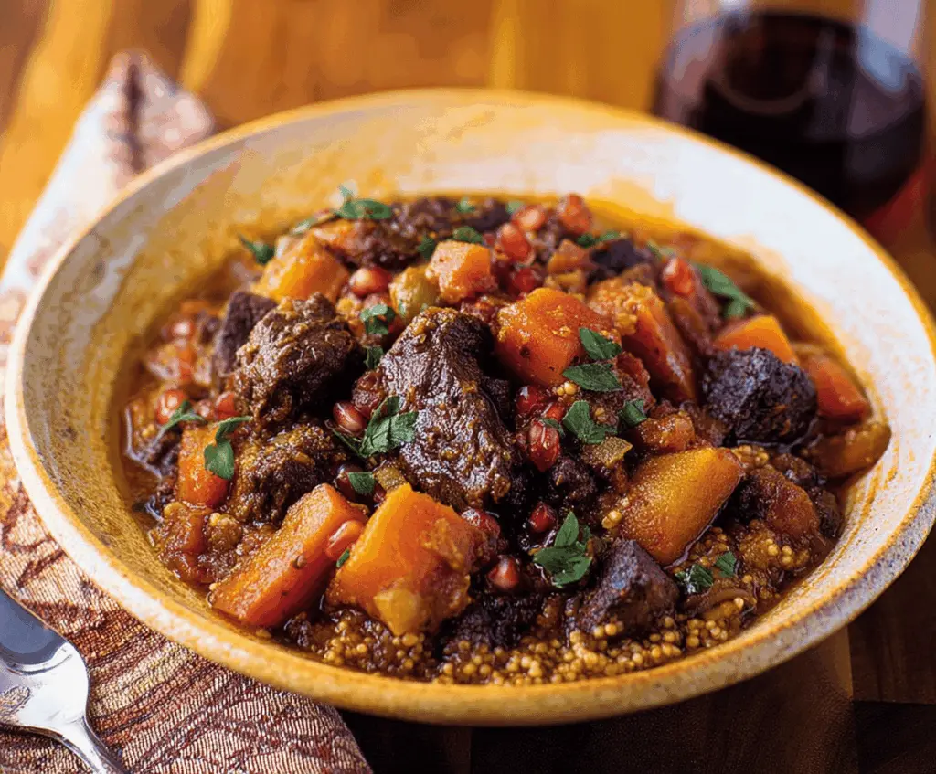 Hearty Moroccan Beef Stew with tender beef chunks, aromatic spices, vegetables, and fresh herbs served in a rustic bowl
