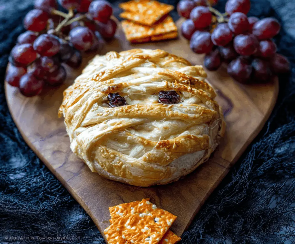 Delicious Mummy Baked Brie wrapped with spooky Halloween-themed puff pastry strips, perfect for a festive appetizer display.