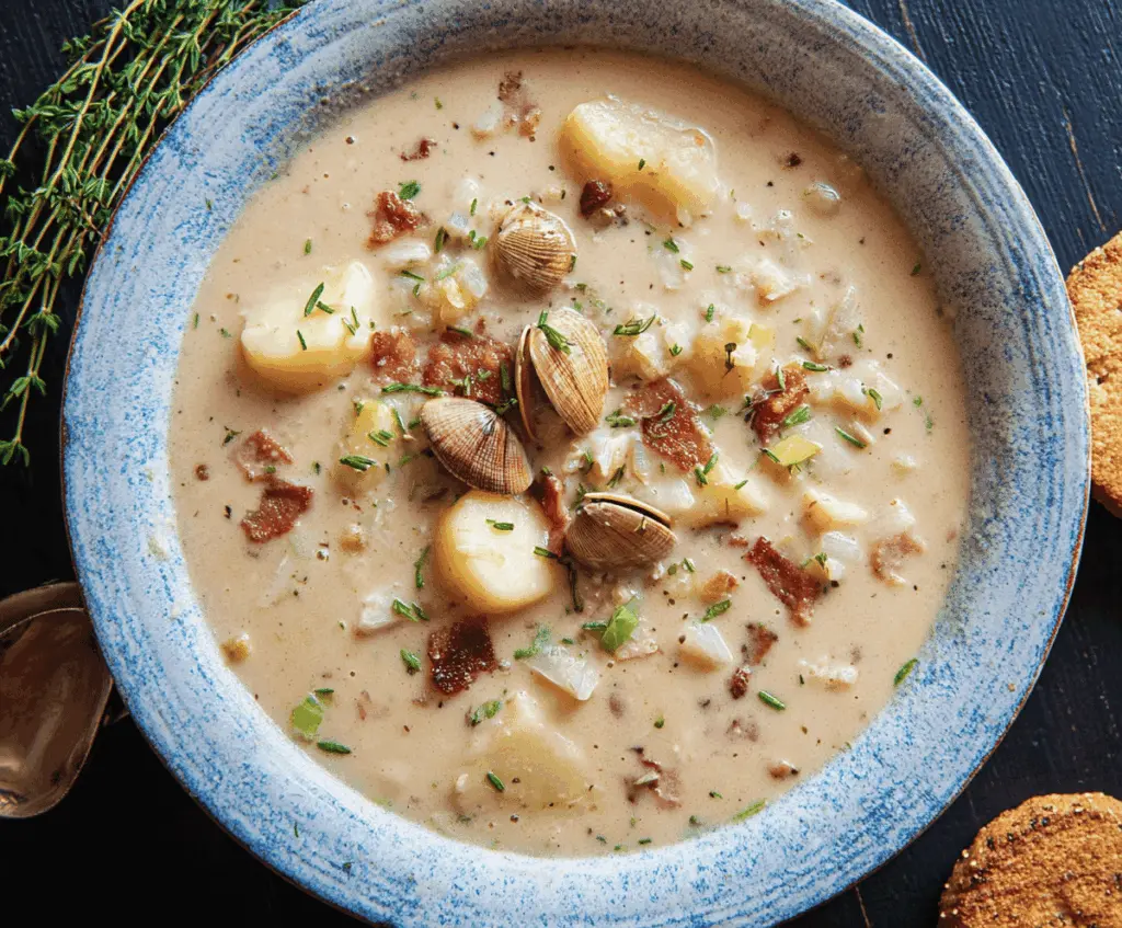 Creamy New England Clam Chowder served in a bowl, topped with fresh herbs and oyster crackers, showcasing a comforting seafood soup perfect for cold days.