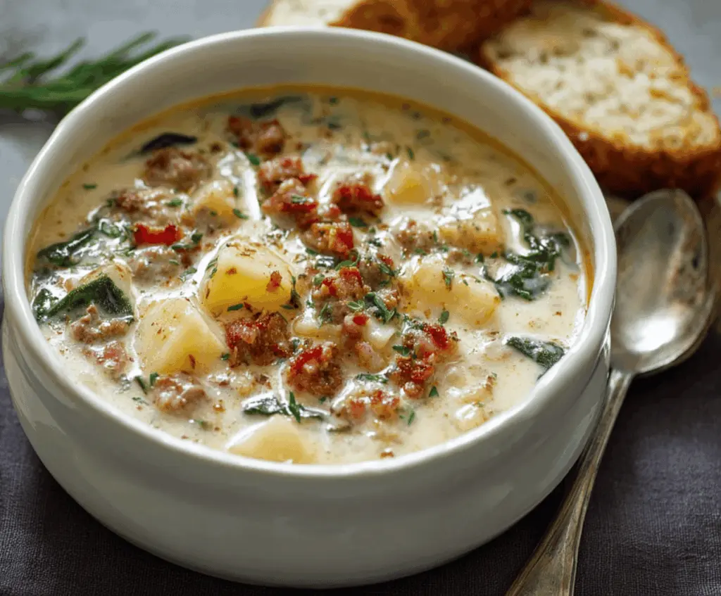 Creamy Olive Garden Potato Soup in a bowl topped with fresh herbs and cheese, served with crusty bread on a rustic wooden table.
