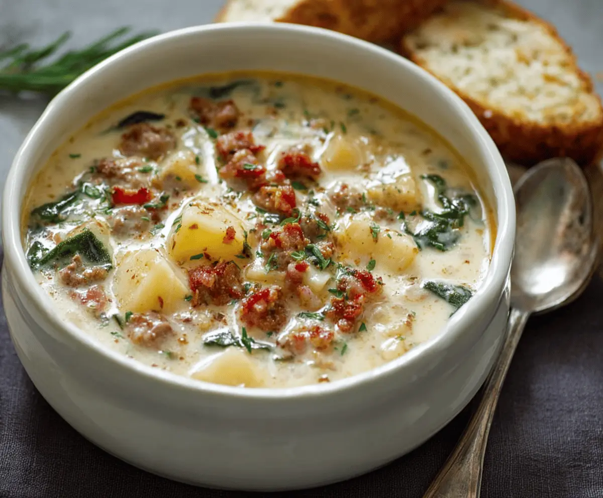 Creamy Olive Garden Potato Soup in a bowl topped with fresh herbs and cheese, served with crusty bread on a rustic wooden table.