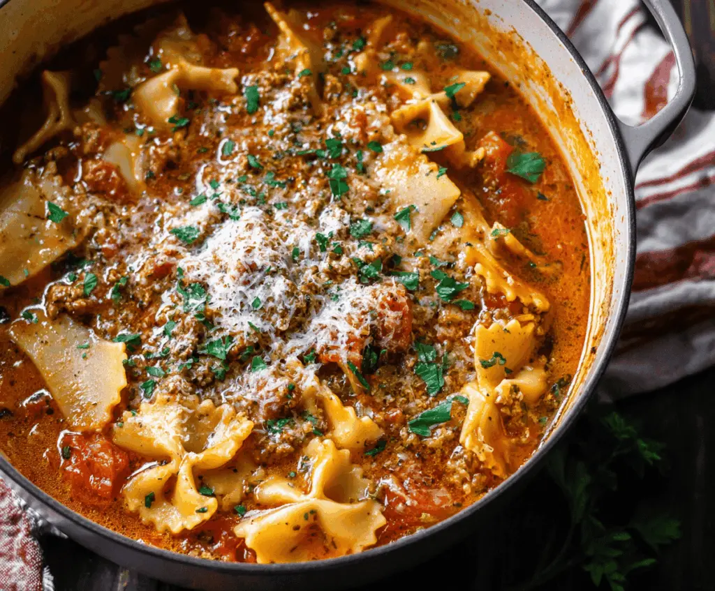 Creamy One-Pot Lasagna Soup served in a bowl with fresh basil and grated cheese, perfect for a hearty and easy dinner