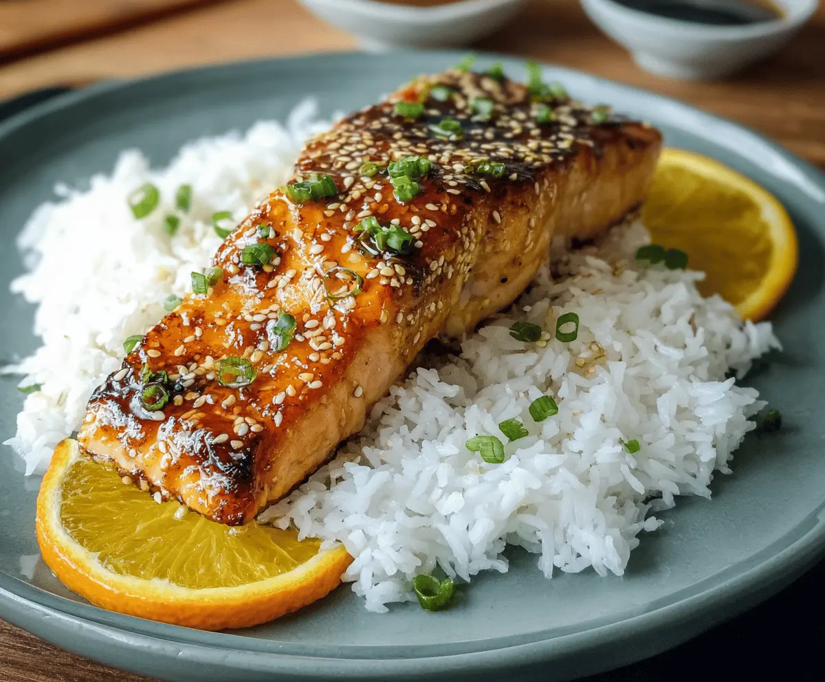 Delicious Orange Teriyaki Salmon fillet garnished with fresh herbs on a plate.