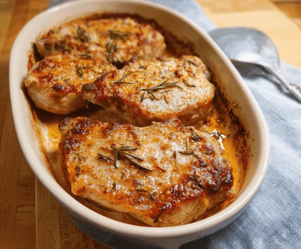 Juicy oven-baked pork chops with golden brown crust served on a plate.