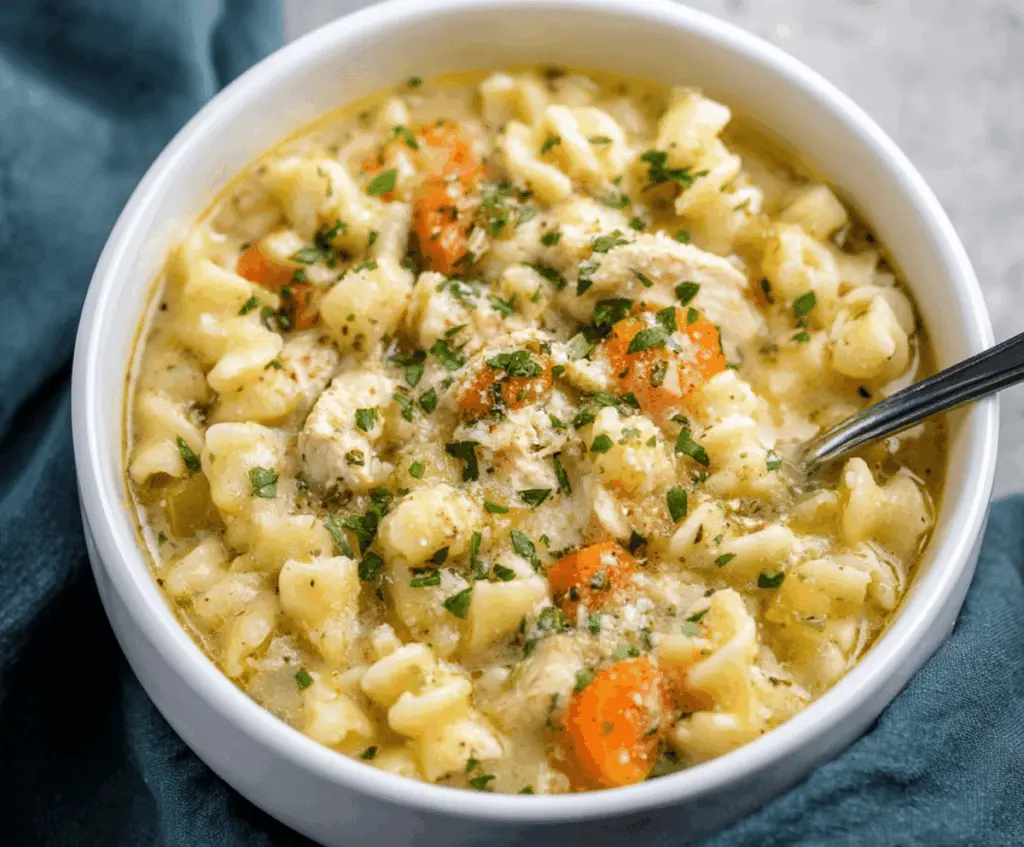 A bowl of warm Parmesan Chicken Noodle Soup topped with fresh herbs and grated cheese, served with a spoon on a rustic table.