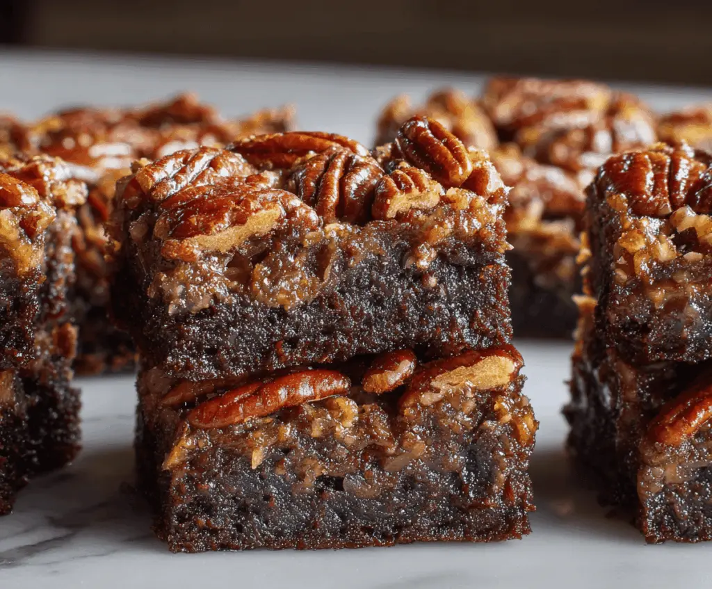 Delicious Pecan Pie Brownies topped with caramelized pecans and rich chocolate brownie base, perfect for dessert lovers