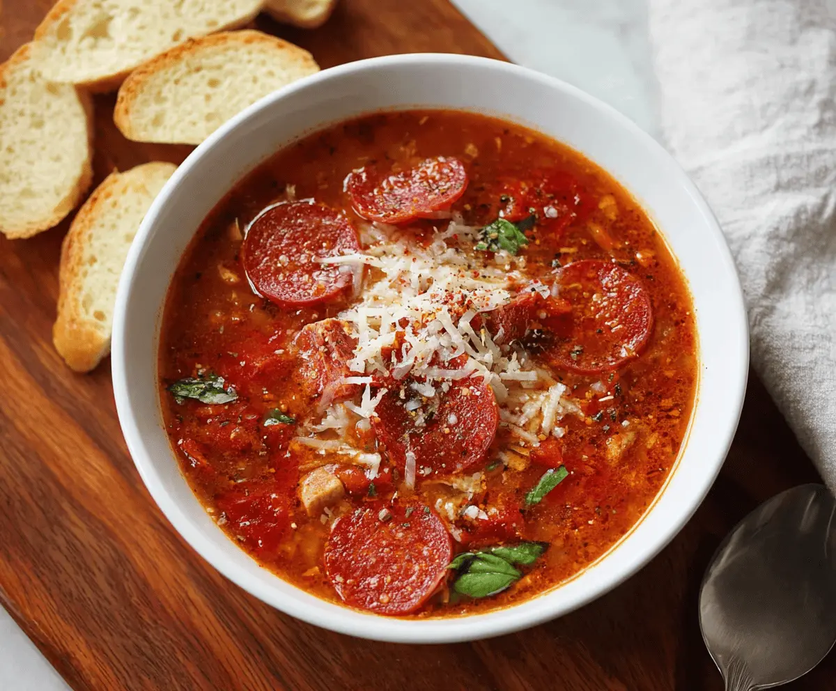 A bowl of hearty Pepperoni Pizza Soup featuring melted cheese, pepperoni slices, and fresh herbs on top, served with a spoon and a slice of toasted bread.