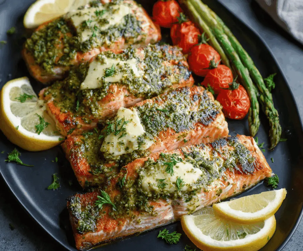 Delicious pesto butter salmon fillet topped with fresh basil, served on a white plate with lemon wedges and herbs, perfect for a flavorful seafood dinner