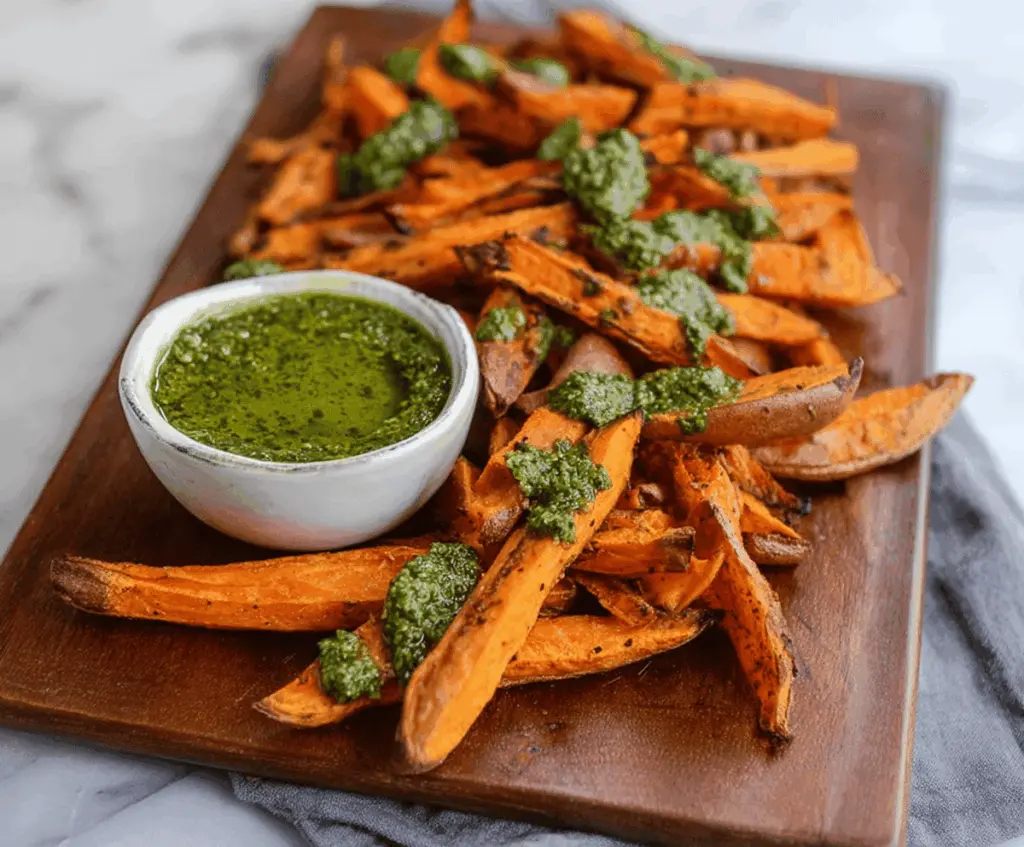 Golden crispy pesto-coated sweet potato fries served on a white plate, garnished with fresh herbs and a side of dipping sauce, perfect for a healthy snack or appetizer.