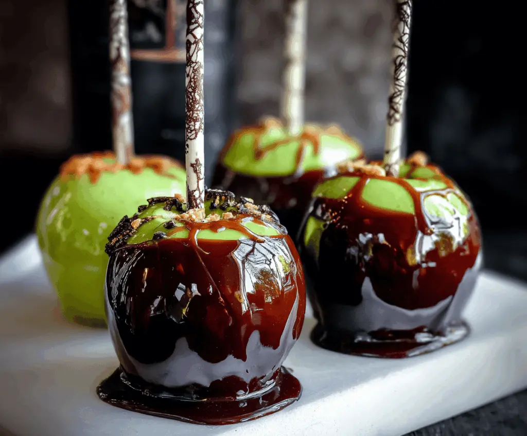 Delicious Poison Apple Caramel Apples with caramel coating, green apple, and spooky candy decorations for Halloween treat