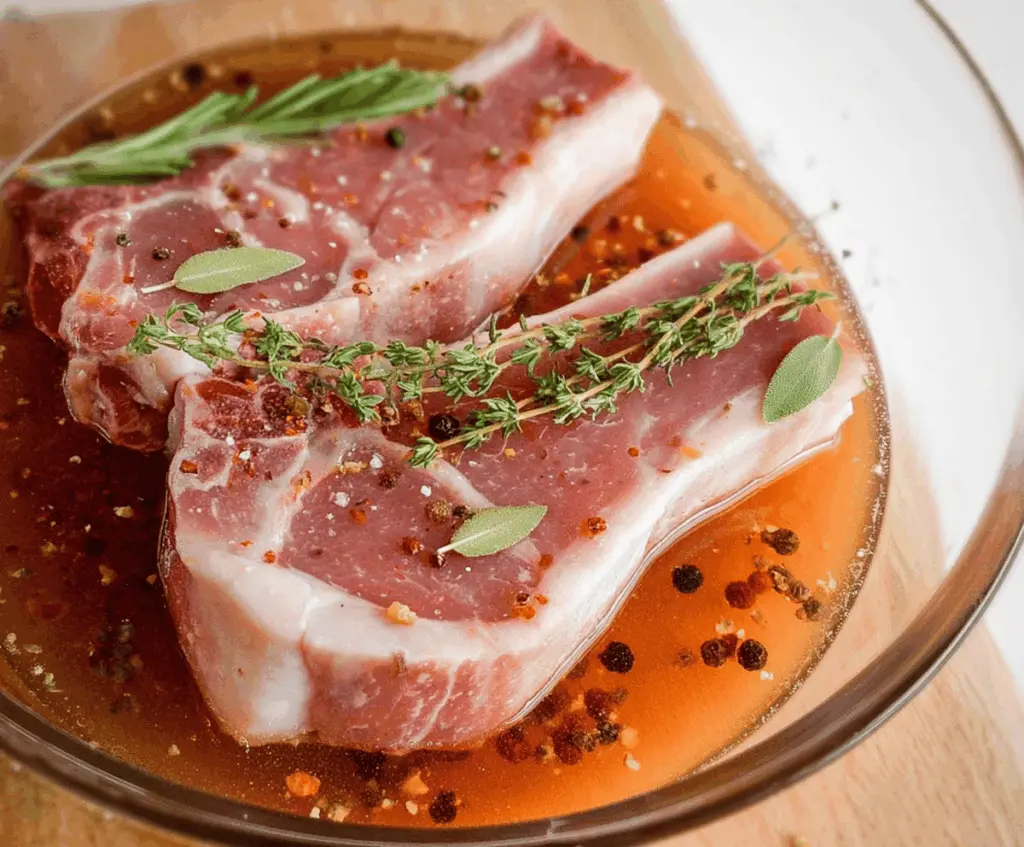 Juicy pork chop marinating in flavorful brine for tender and delicious results