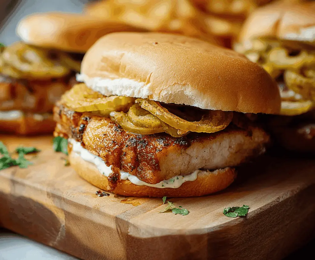 Delicious pork chop sandwiches with crispy breading, fresh lettuce, and tangy sauce served on toasted buns