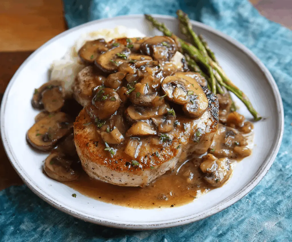 Juicy pork chops topped with savory mushroom gravy served on a plate, perfect for a hearty meal