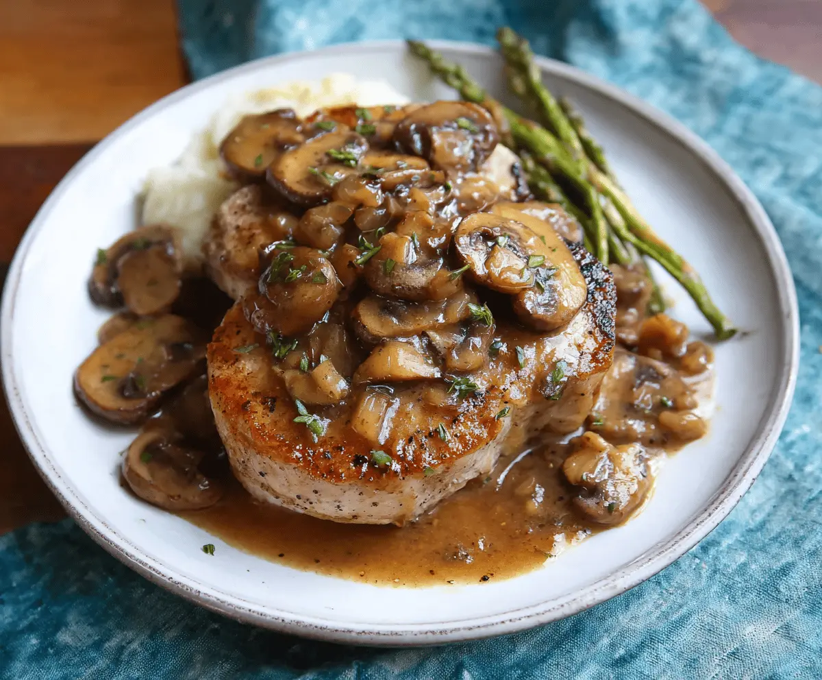 Juicy pork chops topped with savory mushroom gravy served on a plate, perfect for a hearty meal