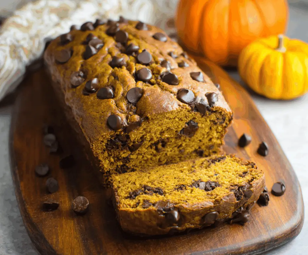 Slice of homemade Pumpkin Banana Chocolate Chip Bread topped with chocolate chips and fresh pumpkin slices, perfect for fall baking