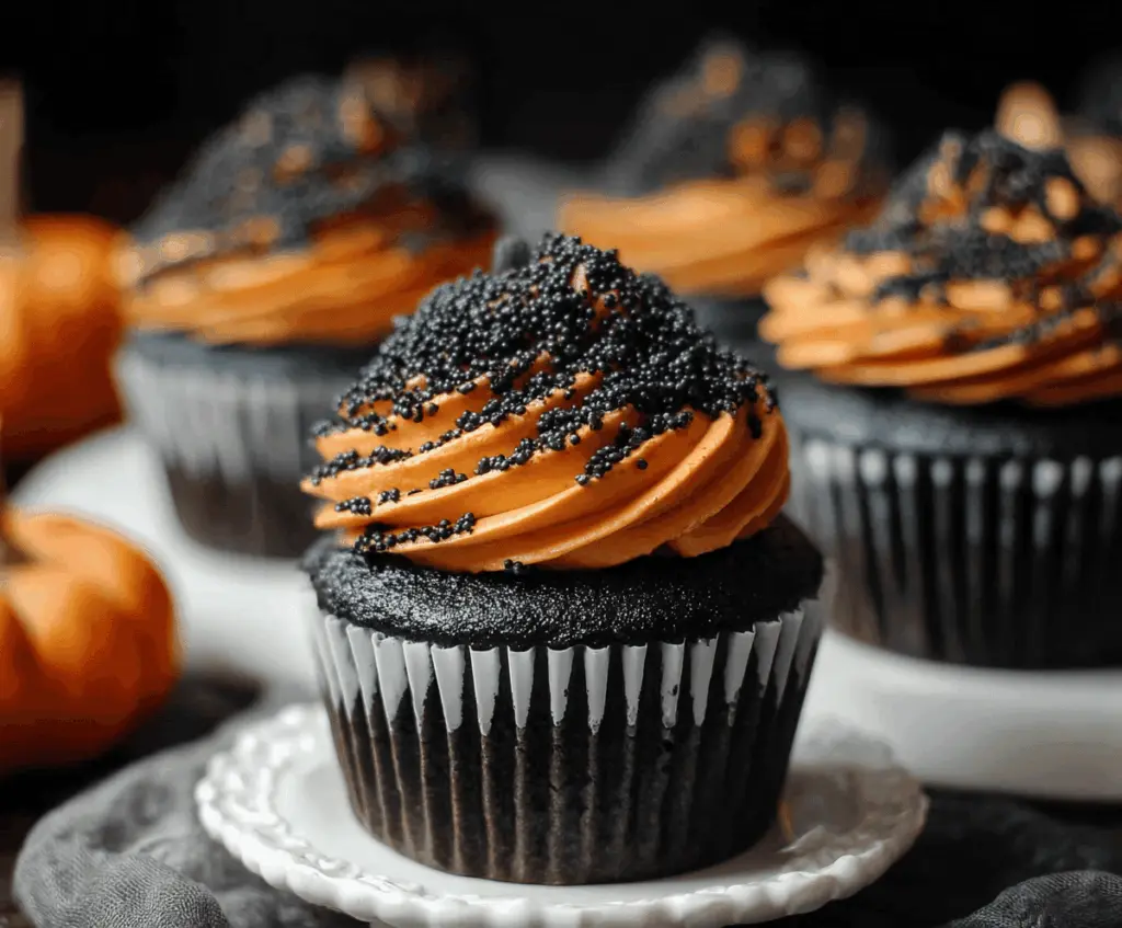 Delicious Pumpkin Black Velvet Cupcakes topped with cream cheese frosting and a sprinkle of cinnamon, perfect for fall celebrations.