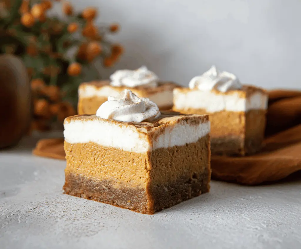 Delicious pumpkin blondie cheesecake bars topped with whipped cream and pumpkin seeds, perfect for fall desserts.