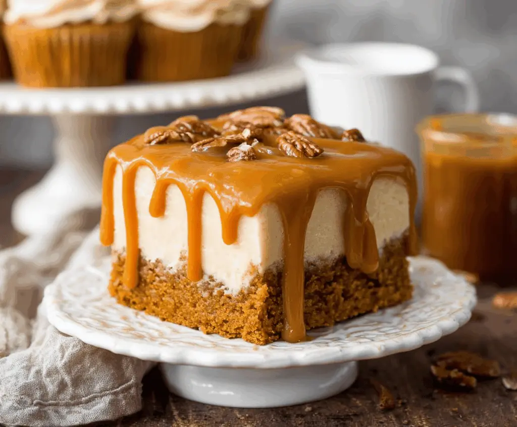 Delicious homemade pumpkin cake topped with smooth caramel cream cheese frosting, perfect for fall celebrations and seasonal desserts