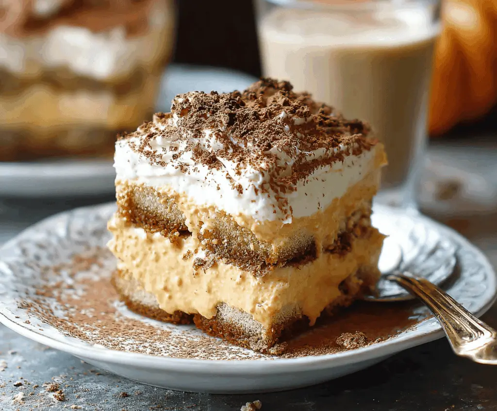 Delicious Pumpkin Chai Tiramisu in a glass dish, featuring layers of creamy mascarpone, spiced pumpkin chai flavors, and a dusting of cocoa powder, perfect for fall desserts.