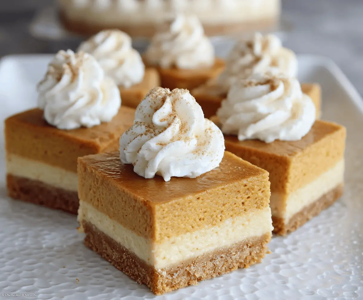 Delicious pumpkin cheesecake bars topped with whipped cream and cinnamon, ready to enjoy during fall dessert gatherings.