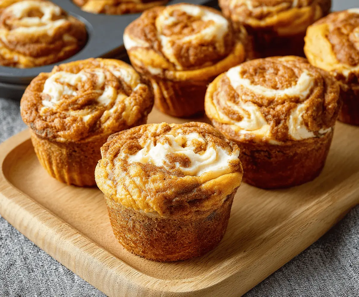 Delicious pumpkin cheesecake muffins with creamy cream cheese filling and a cinnamon-spiced topping, perfect for fall desserts.