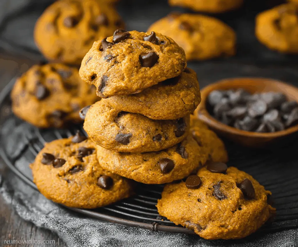Delicious homemade pumpkin chocolate chip cookies with soft, chewy texture and chocolate chunks, perfect for fall treats.