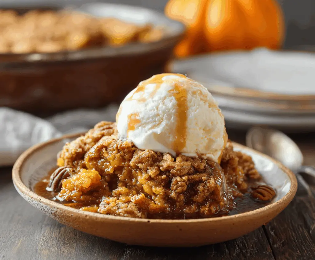 Delicious homemade pumpkin cobbler topped with golden crust and whipped cream, perfect for fall desserts.