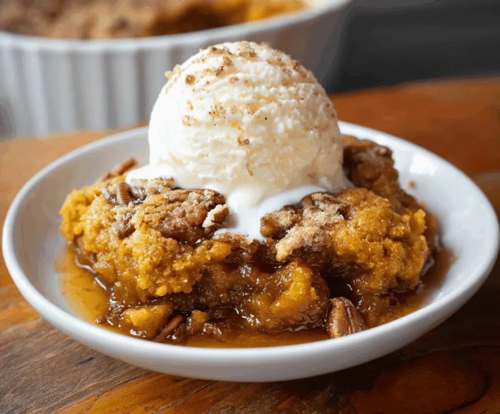 Delicious homemade pumpkin cobbler topped with golden crust, served warm with a scoop of vanilla ice cream on a rustic plate.