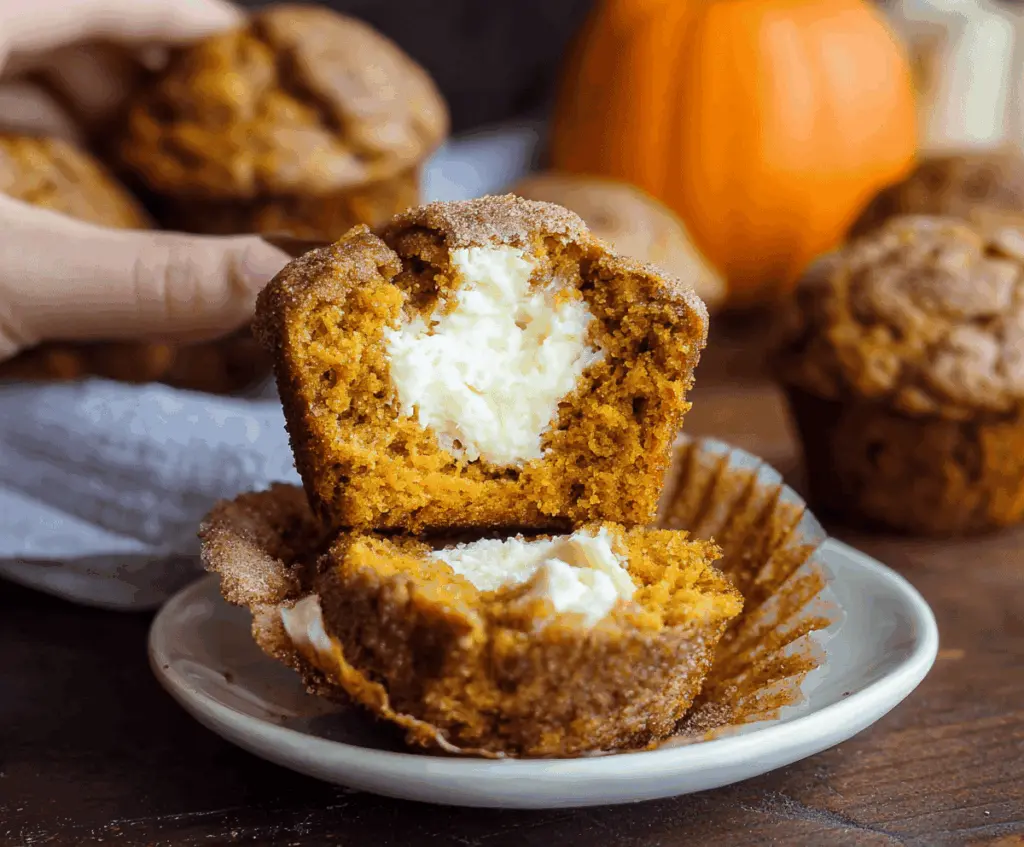 Delicious pumpkin cream cheese filled muffins topped with cinnamon, perfect for fall baking and breakfast treats.