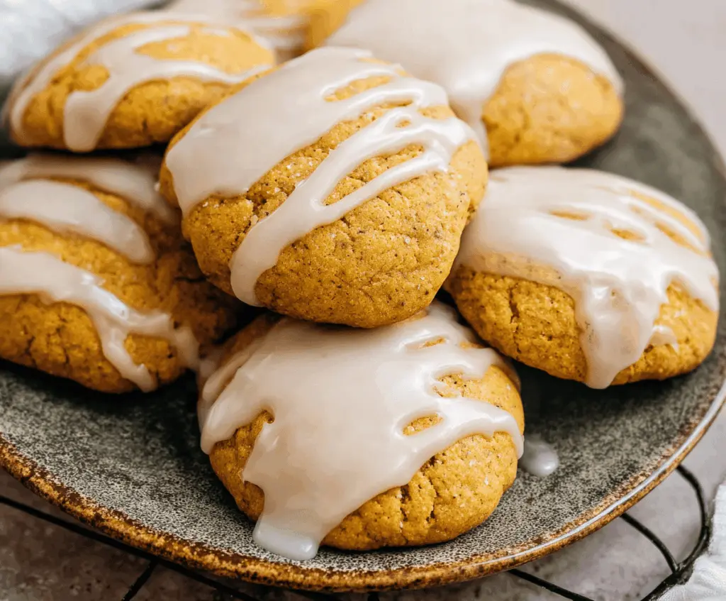 Delicious homemade pumpkin glazed cookies with a shiny orange glaze and festive autumn decoration on a rustic plate