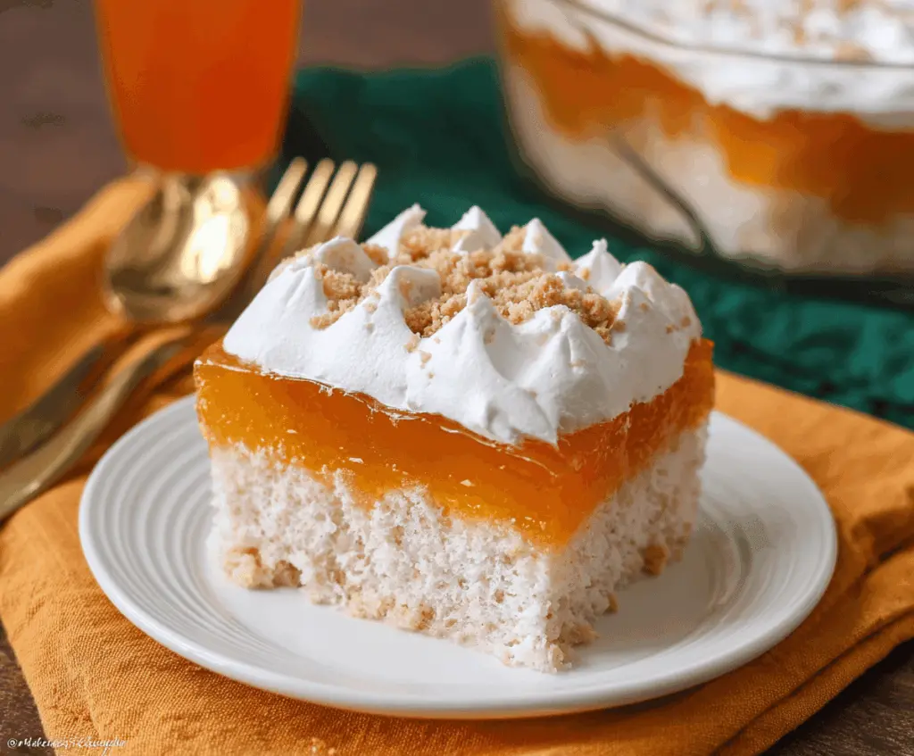 Delicious Pumpkin Jello Poke Cake topped with whipped cream and cinnamon, perfect for fall dessert