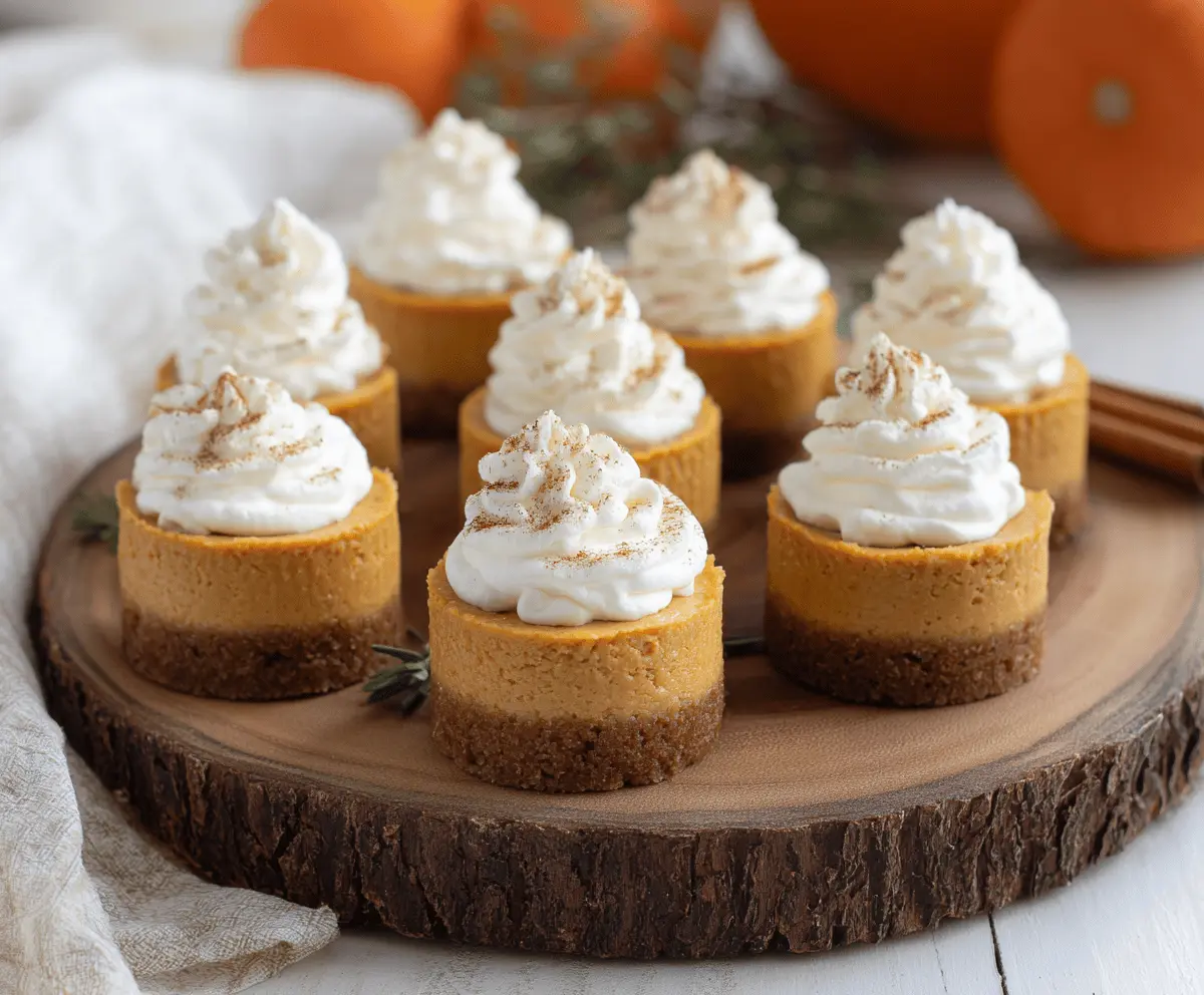 Delicious Pumpkin Mini Cheesecakes topped with whipped cream and a cinnamon sprinkle, perfect for fall desserts.