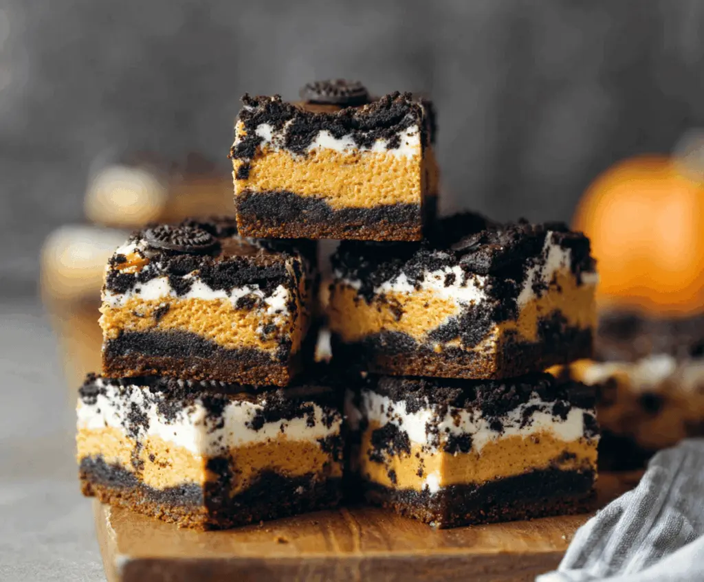Delicious Pumpkin Oreo Cheesecake Bars with a creamy pumpkin filling and Oreo cookie crust topped with whipped cream and chocolate drizzle on a white plate
