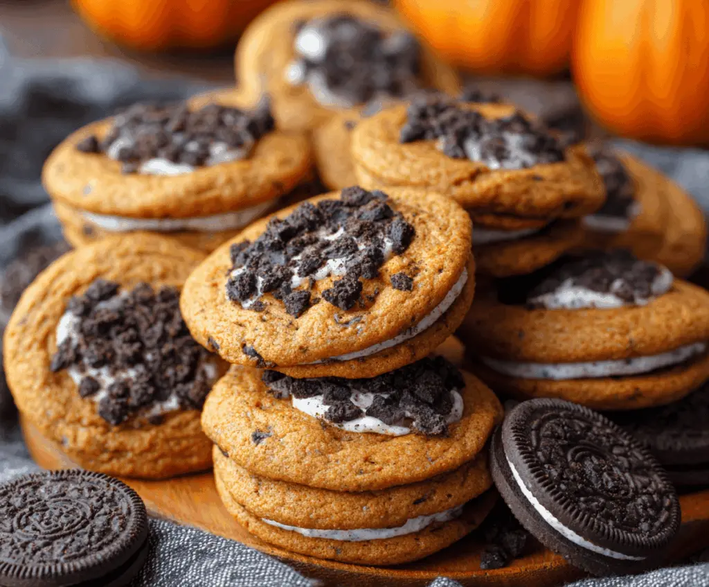 Delicious homemade Pumpkin Oreo Cookies on a white plate, featuring pumpkin-flavored cookie sandwiches with creamy filling, perfect for fall desserts.