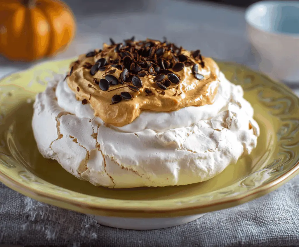 Delicious Pumpkin Pavlova topped with whipped cream and caramelized pumpkin slices, perfect for fall desserts.