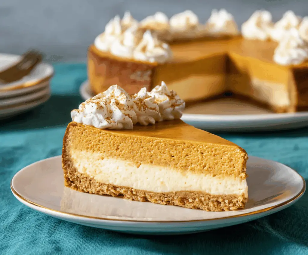 Delicious pumpkin pie cheesecake topped with whipped cream and cinnamon, perfect for fall desserts.
