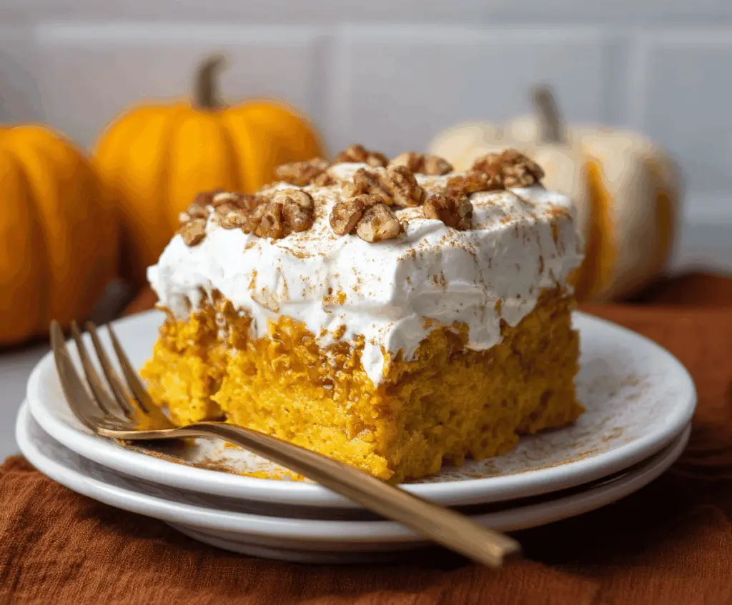 Delicious Pumpkin Poke Cake topped with whipped cream and cinnamon, perfect for fall desserts.