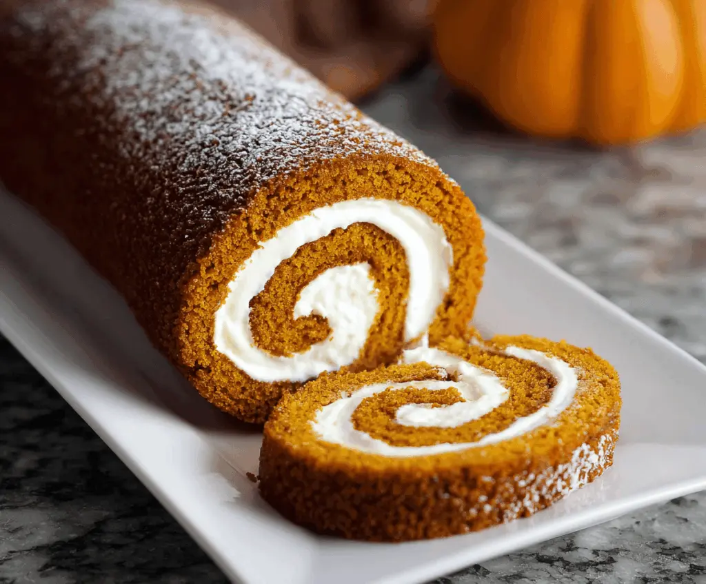 Delicious homemade pumpkin roll cake with cream cheese filling, topped with powdered sugar, perfect for fall desserts.